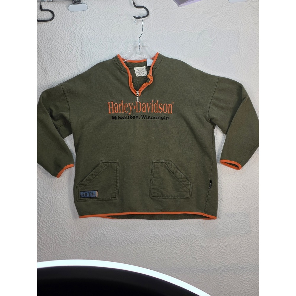 Harley Davidson Quarter Zip Sweatshirt Mens XL Olive Green Good Biker Pullover